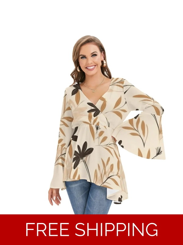 Motiff V-Neck Blouse with Flared Sleeves